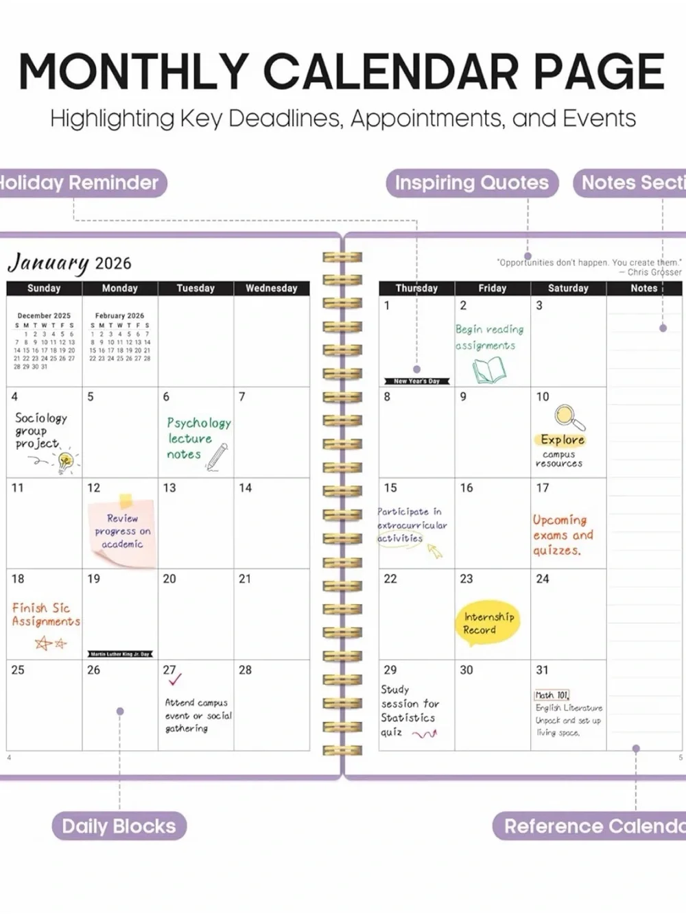2026 Lavender Spiral Monthly Planner with Purple Print size A5